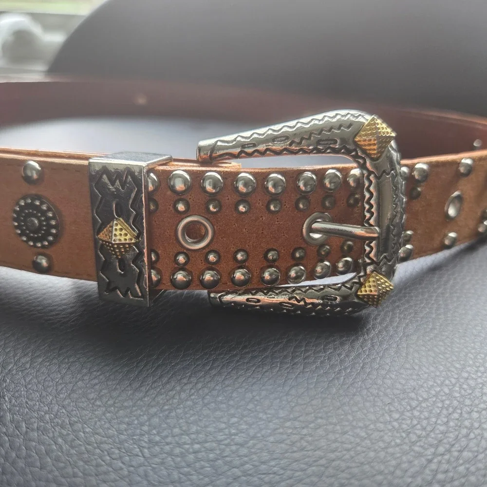 Jana Leather Belt Western Studded Vtg Tan Women Large Brown Silver Gold Concho